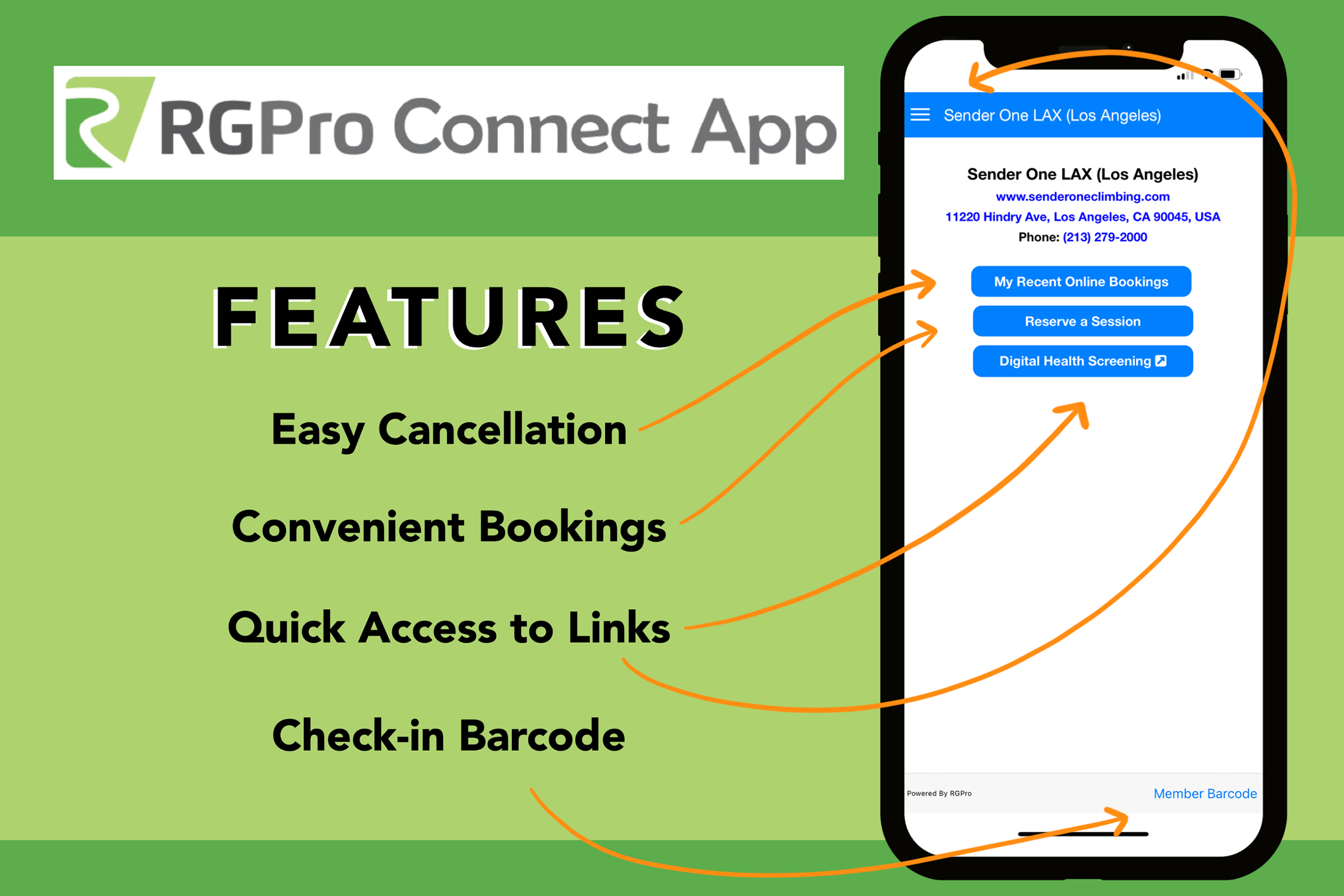 A diagram showing the phone application and its features with arrows pointing to the features. The features include: easy cancellation, convenient bookings, quick access to links, and a check-in barcode.
